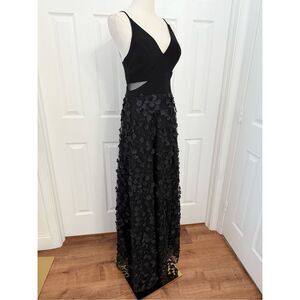 Aqua Formal Mesh Black Floral Applique V-Neck Side Slit A-Line Maxi Gown Dress 2